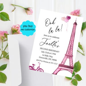 Oh La La Paris Birthday Invitation – Pink Eiffel Tower Party Invite – Parisian Girl Birthday – Editable Digital Template