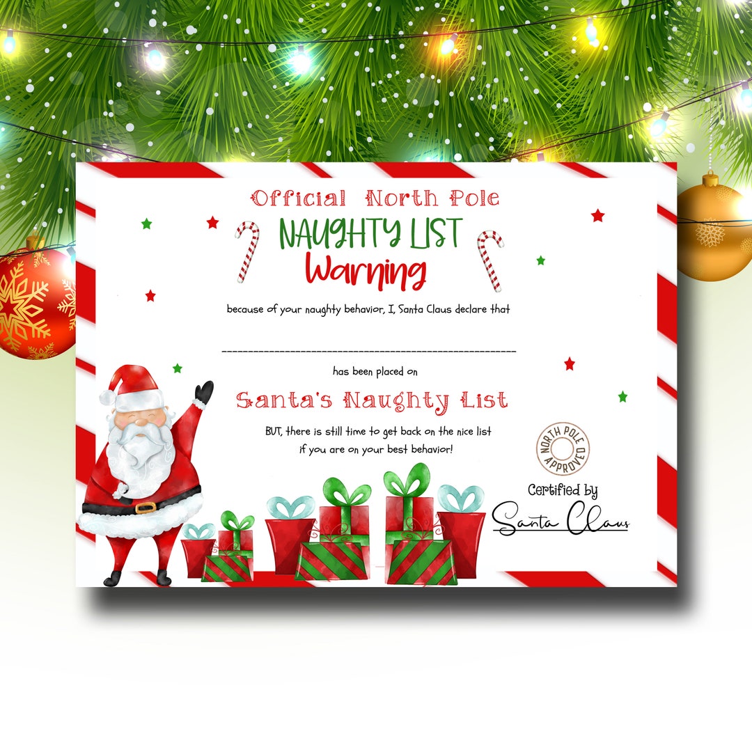 Santa Claus Naughty List Certificate INSTANT DOWNLOAD Letter From Santa