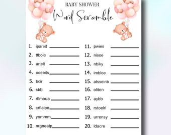 Pink Bear Baby Shower Word Scramble Game – Printable Baby Girl Shower Activity – Bear and Balloons Theme – Instant Download PDF