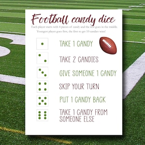 May include: A printable game card with instructions for a football candy dice game. The card has a green football field background with white lines. The instructions say "Each player starts with 4 pieces of candy and the rest goes in the middle. Youngest player goes first, the first to get 10 candies wins!"  The card also shows a football and different numbers of green dots, each with a corresponding action. The actions are: Take 1 Candy, Take 2 Candies, Give Someone 1 Candy, Skip Your Turn, Put 1 Candy Back, Take 1 Candy From Someone Else.