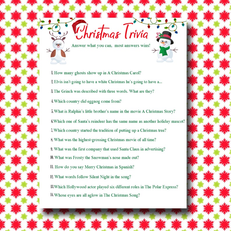 Christmas Trivia Game PRINTABLE Christmas Party Game Adult - Etsy