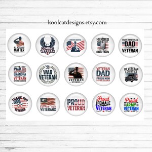 May include: A sheet of fifteen circular stickers featuring various patriotic designs related to US veterans. Each sticker displays text and graphics including American flags, eagles, military personnel, and slogans such as All Veterans Matter, War Veteran, and Proud Veteran.