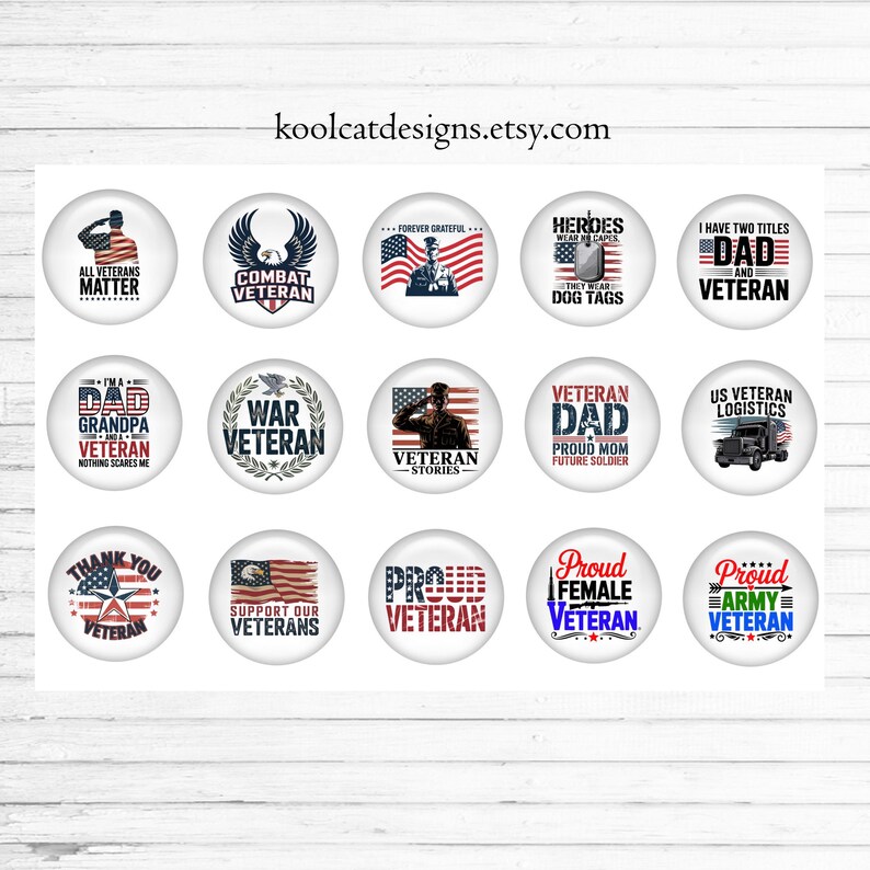 May include: A sheet of fifteen circular stickers featuring various patriotic designs related to US veterans. Each sticker displays text and graphics including American flags, eagles, military personnel, and slogans such as All Veterans Matter, War Veteran, and Proud Veteran.