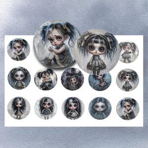 May include: A collection of round, gothic-themed images featuring illustrations of sad-eyed dolls with dark hair and dresses. Some images show the dolls in front of a spooky background.