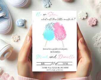 Cotton Candy Gender Reveal Invitation PRINTABLE - Candy Gender Reveal Invitation - He Or She Invitation