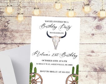 Country Western Birthday Invitation PRINTABLE - Bull Skull Birthday Invite- Southwestern Birthday Invitation - Any Age Birthday Invitation