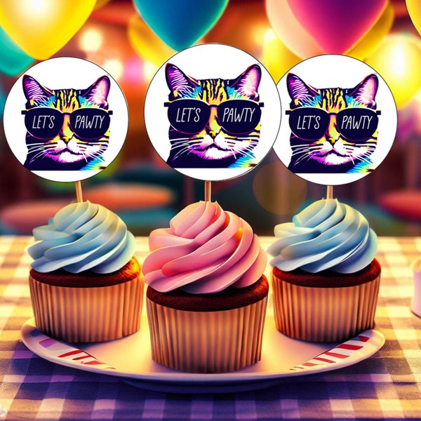 PRINTABLE Funny Cat 2 inch Printable Cupcake Toppers - Let's Pawty Cupcake Toppers