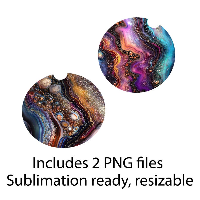 May include: Two round car coasters with abstract designs. One coaster features a mix of gold, brown, and blue hues, while the other showcases purple, orange, and teal colors. The text at the bottom reads "Includes 2 PNG files Sublimation ready, resizable."