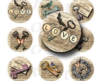 Vintage Keys 1 Inch Bottle Cap Images - Keys Bottlecap 1 Inch Circles For Magnets, Key Chains, Stickers, Pendants, Junk Journals