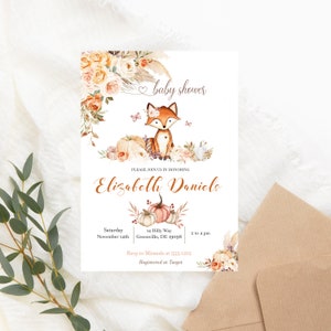 Fox Baby Shower Invitation PRINTABLE - Woodland Fox Shower Invitation -  Fall Floral Baby Shower Invite - Gender Neutral Baby Shower