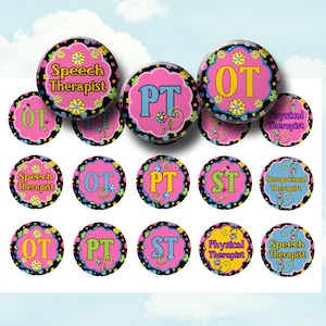 OT, PT, ST Botella Cap Imágenes - Terapeutas círculos de 1 pulgada para carretes de insignia, imanes, pegatinas - Regalo de apreciación