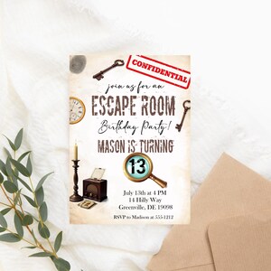 Uitnodiging voor feest Escape Room - afdrukbare mysteriespel uitnodigen - digitale puzzel thema verjaardag - bewerkbare sjabloon voor elke leeftijd viering