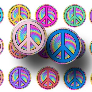 Images de bouchons de bouteille signe de la paix - Feuille numérique 4 x 6 - Cercles groovy imprimables pour travaux manuels - Motifs ronds de 2,5 cm (1 pouce)