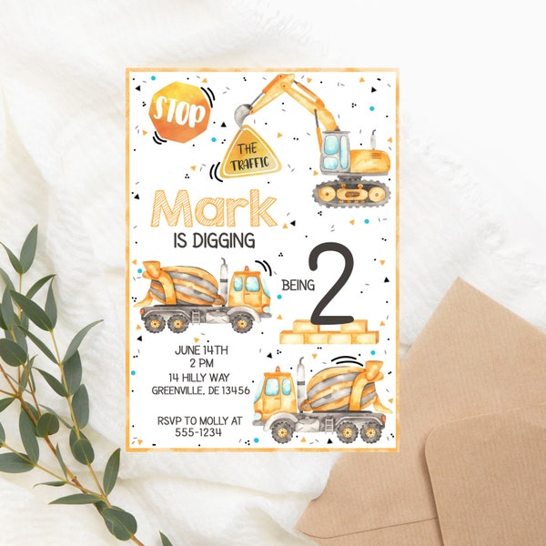 Digging Being Two Construction Birthday Invitation PRINTABLE - Dump Truck Second Birthday Invitation - Digger Party Invitation
