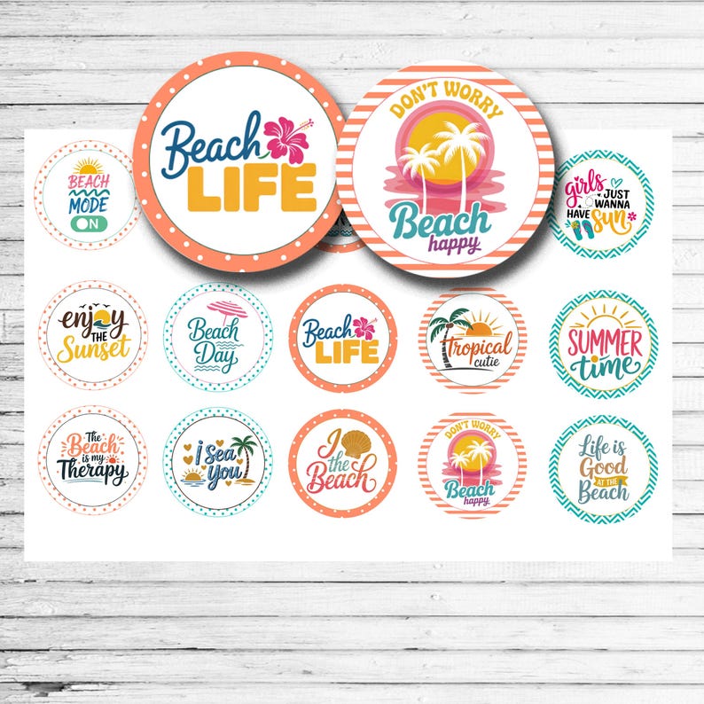 Peach and teal patterned bottlecap sheet with white centers, each one contains a different beach life or ocean quote,prinabtle 4 x 6 inch sheet