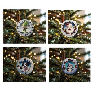 Set of 8 round 3D breakthrough Christmas sublimation PNG designs featuring Santa, snowmen, elves, polar bear, and festive characters inside cracked circular frames.
