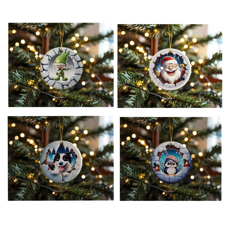 Set of 8 round 3D breakthrough Christmas sublimation PNG designs featuring Santa, snowmen, elves, polar bear, and festive characters inside cracked circular frames.