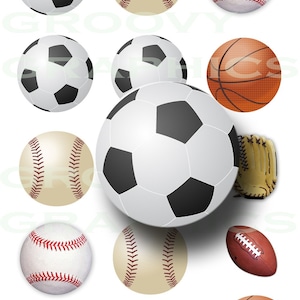 May include: A collection of sports balls, including a baseball, basketball, football, and soccer ball. There are also two baseball gloves.