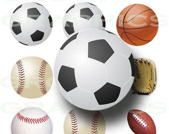 Sports balls printable digital collage sheet -  1 inch circles - Bottle Cap Images - 1 Inch Round Images for stickers, magnets, key chains