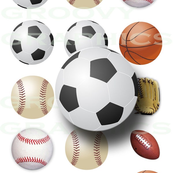 Sports balls printable digital collage sheet -  1 inch circles - Bottle Cap Images - 1 Inch Round Images for stickers, magnets, key chains