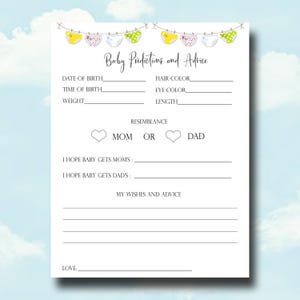 Juego imprimible de consejos y predicciones para baby shower: tema de pañales y toallitas, tarjeta de predicciones para bebés, actividad para baby shower