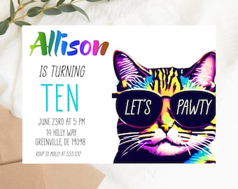 Funny Cat Birthday Party Invitation PRINTABLE  -Pawty Birthday Cat Party