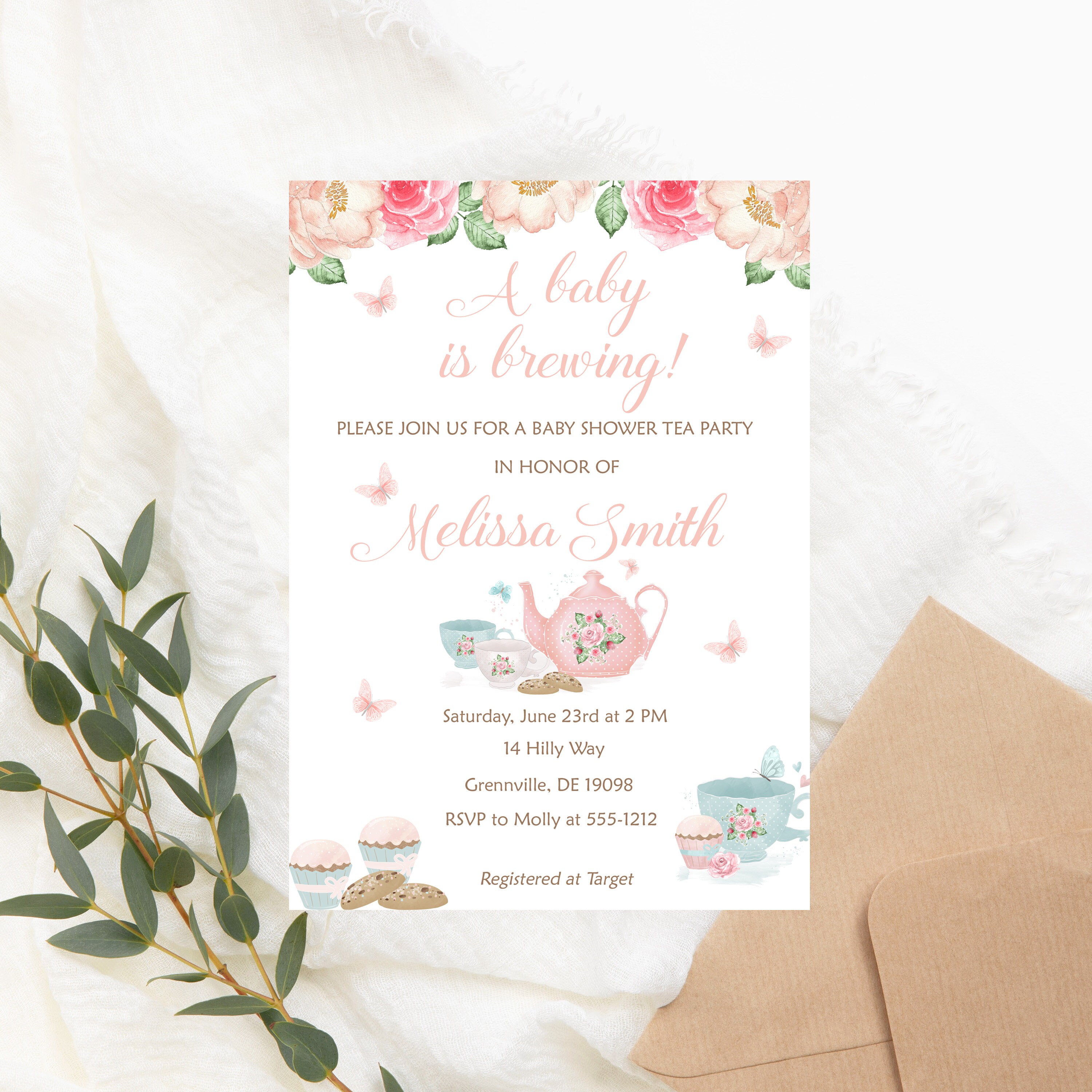 Tea Party Baby Shower Invitation PRINTABLE A Baby Is Brewing Girl Baby Shower Invitation Floral Brunch Baby Shower Invitation