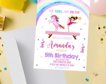 Gymnastics Unicorn Birthday Invitation PRINTABLE - Gymnastics Party Invitation - Magical Birthday Celebration