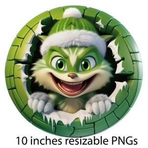 May include: A circular graphic featuring a green cartoon cat wearing a green and white winter hat, peering through a hole in a green brick wall. The image includes the text 10 inches resizable PNGs at the bottom, indicating the digital file size.