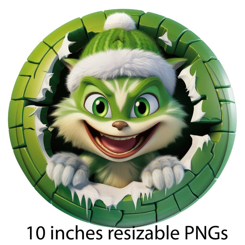May include: A circular graphic featuring a green cartoon cat wearing a green and white winter hat, peering through a hole in a green brick wall. The image includes the text 10 inches resizable PNGs at the bottom, indicating the digital file size.