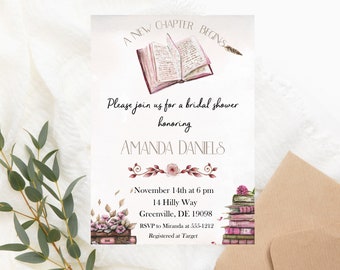 Book Bridal Shower Invitation PRINTABLE - A New Chapter Begins Invite - Book Lover Shower Invitation -  Library Shower