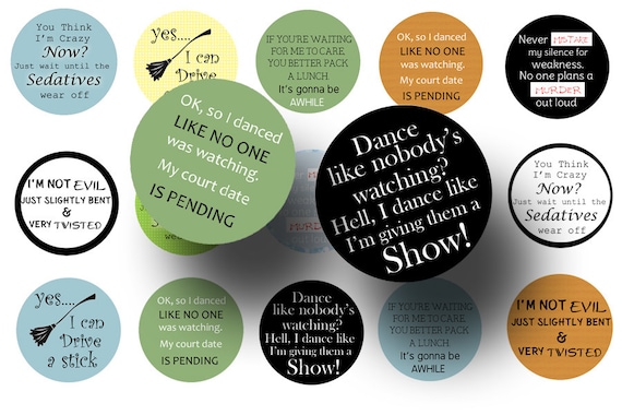 Sarcastic Sayings Bottle Cap Images – Printable 1 Inch Circles – Funny Snarky Quotes For Magnets, Keychains and Crafts