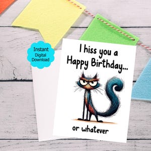 May include: A white birthday card featuring a grumpy cartoon cat and the phrase "I hiss you a Happy Birthday... or whatever". The cat is depicted in black, blue, and red. A blue sticker reads "Instant Digital Download".