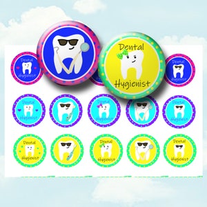 Imagens de tampas de garrafa para higienista dental - Círculos de 1 polegada para assistente de dentista para rolos de crachá, ímãs, adesivos - Presente para higienista dental