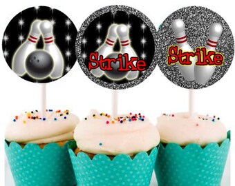 Bowling Party 2 Inch Circles, Printable Cupcake Toppers & Favor Tags