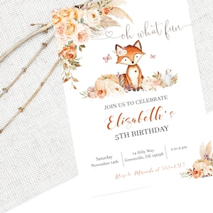 Fox verjaardagsuitnodiging AFDRUKBARE - Woodland Fox verjaardagsuitnodiging - herfst bloemen verjaardagsuitnodiging - bewerkbare tekst