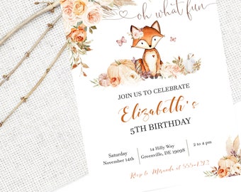 Fox Birthday Invitation PRINTABLE - Woodland Fox Birthday Invitation -  Fall Floral Birthday Invite - Editable Text