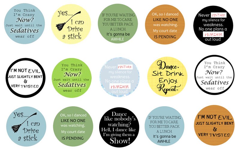 Sarcastic Sayings Bottle Cap Images – Printable 1 Inch Circles – Funny Snarky Quotes For Magnets, Keychains and Crafts image 3