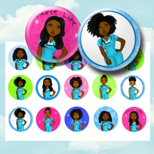 May include: Twelve round stickers featuring a cartoon illustration of a Black woman in a blue nurse uniform with the text "Nurse Life". The stickers have different backgrounds including pink, blue, green, and purple.