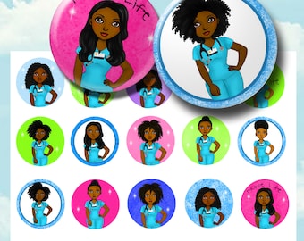 Black Nurses Bottle Cap Images – 1 Inch Circle Printable Sheet – Nursing Pride Digital Download for Crafts