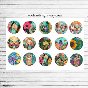 Pode incluir: Uma cole&ccedil;&atilde;o de quinze autocolantes circulares coloridos com v&aacute;rios desenhos. Os desenhos incluem casas, flores, borboletas, corujas e uma menina. O texto "choose joy" tamb&eacute;m est&aacute; presente. O site koolcatdesigns.etsy.com est&aacute; impresso no topo.