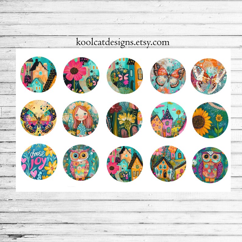 Pode incluir: Uma cole&ccedil;&atilde;o de quinze autocolantes circulares coloridos com v&aacute;rios desenhos. Os desenhos incluem casas, flores, borboletas, corujas e uma menina. O texto "choose joy" tamb&eacute;m est&aacute; presente. O site koolcatdesigns.etsy.com est&aacute; impresso no topo.