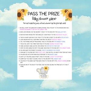 Pass The Prize PRINTABLE Baby Shower Game - Pass The Prize Rhyme Game - Gender Neutral Baby Shower Game, Elephant Theme