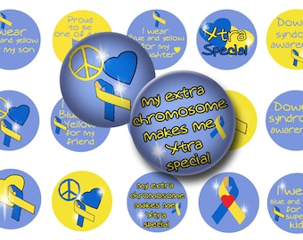 Down Syndrome Awareness Bottle Cap Images – Printable 1 Inch Circles – Blue and Yellow Collage Sheet – 4x6 Digital Download