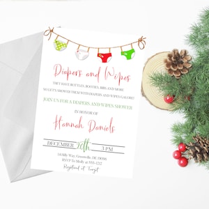 Faire-part de fête prénatale de Noël couches et lingettes à imprimer - Faire-part de fête prénatale - Faire-part de fête prénatale non sexiste