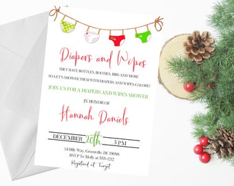 Christmas Diapers And Wipes Baby Shower Invitation PRINTABLE - Diaper Invitation - Gender Neutral Baby Shower Invitation
