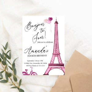 Paris 4th Birthday Invitation Invitation - PRINTABLE Bonjour To Four Invitation For Girl