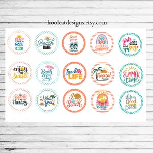 May include: A collection of circular stickers with beach-themed designs. Each sticker features colorful text and graphics, including phrases like "Beach Babe," "Hello Summer," and "Summer Time." The stickers are arranged on a white background.