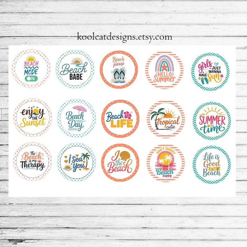 May include: A collection of circular stickers with beach-themed designs. Each sticker features colorful text and graphics, including phrases like "Beach Babe," "Hello Summer," and "Summer Time." The stickers are arranged on a white background.