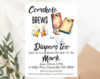 Cornhole And Brews And Diapers Too  Baby Shower Invitation - PRINTABLE Man Shower Invitation- Couples Baby Shower - EDITABLE TEXT